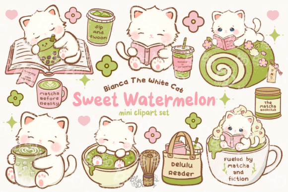 Download Kawaii Bookish Matcha Cat Clipart - Art Collection