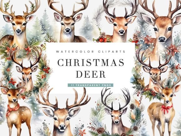 Download Watercolor Christmas Deer Clipart Bundle - Art Collection
