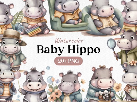 Download Watercolor Bundle Baby Hippo Clipart PNG - Art Collection