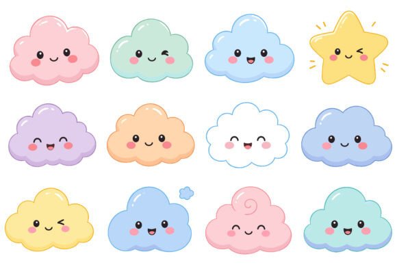 Download Cute Kawaii Cloud and Star Cartoon Set - Art Collection