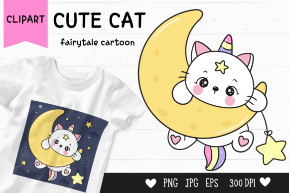 Download Cute Cat Cartoon on Moon Kawaii Clipart - Art Collection
