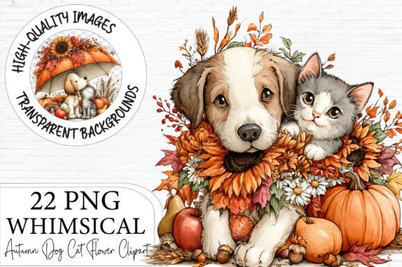 Download Whimsical Autumn Dog and Cat Clipart - Art Collection