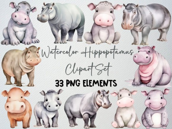 Download Watercolor Hippo Clipart Set, Baby Hippo - Art Collection