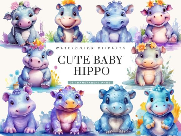 Download Watercolor Cute Baby Hippo Clipart Png - Art Collection